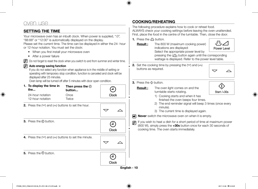 Samsung FW87SUB/XEO manual Oven use, Setting the Time, Cooking/Reheating 