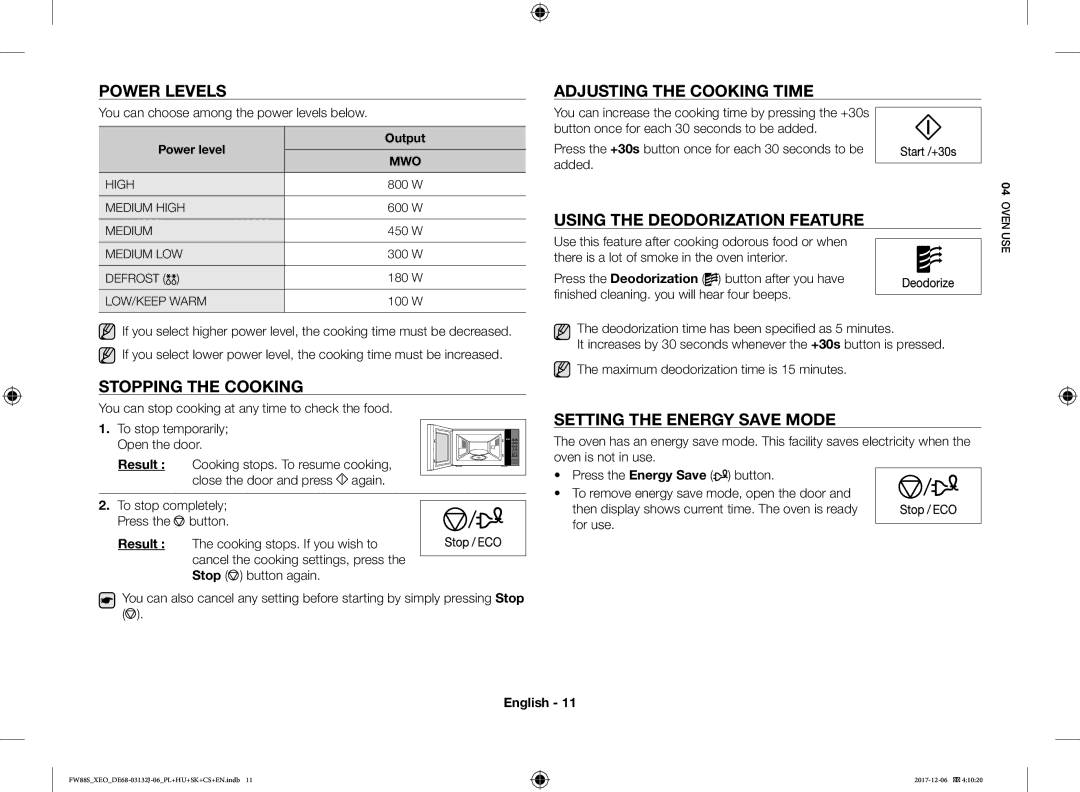 Samsung FW87SUB/XEO manual Power Levels, Stopping the Cooking, Adjusting the Cooking Time, Using the Deodorization Feature 