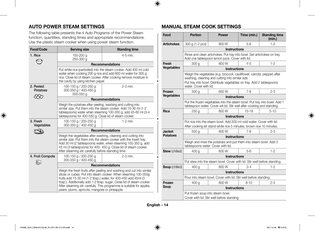 Samsung FW87SUB/XEO manual Auto Power Steam Settings Manual Steam Cook Settings 