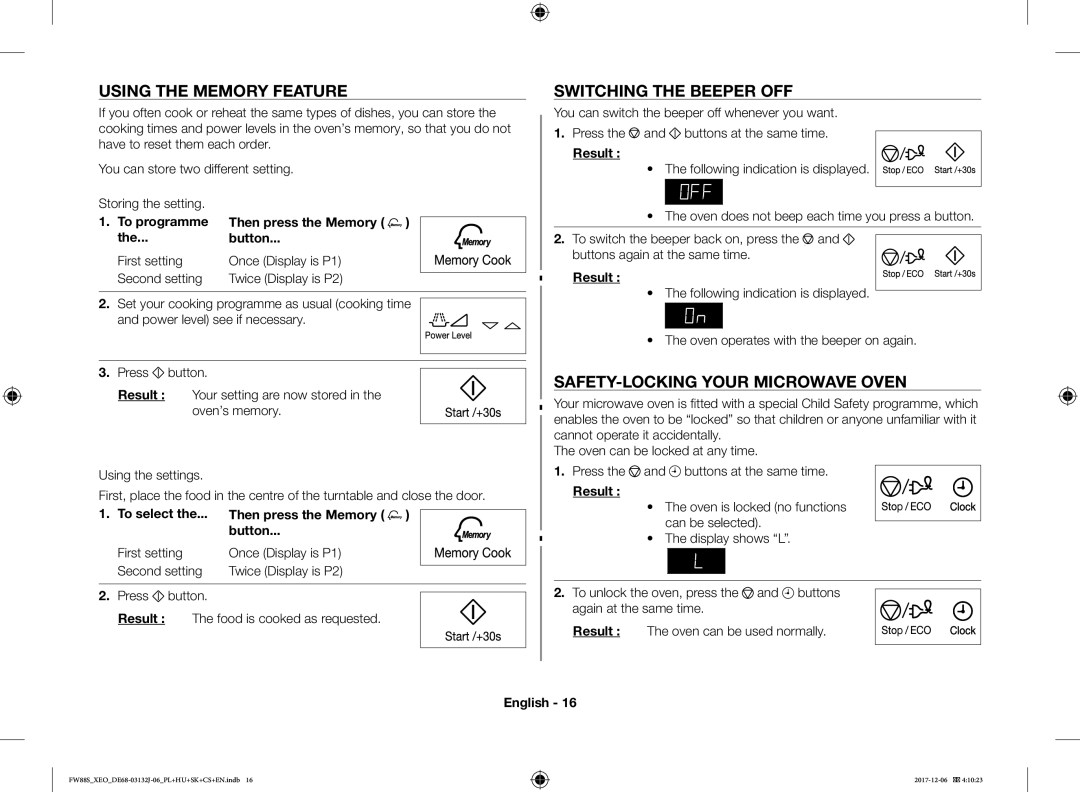 Samsung FW87SUB/XEO Using the Memory Feature, Switching the Beeper OFF, SAFETY-LOCKING Your Microwave Oven, To programme 