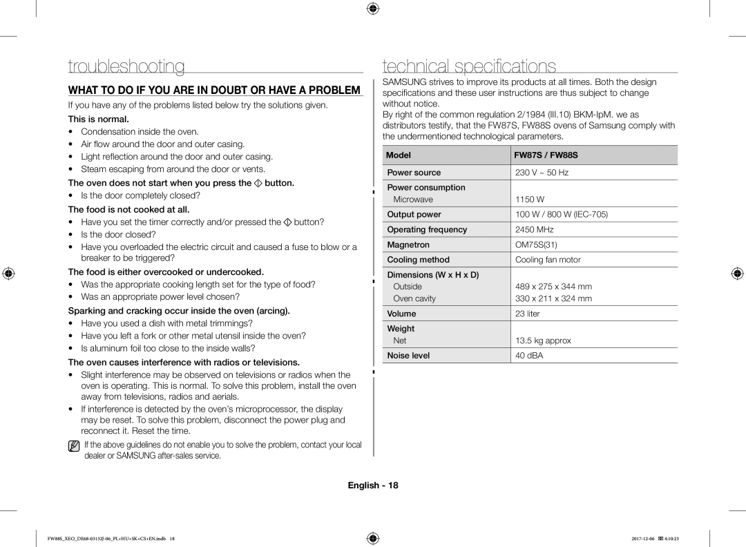 Samsung FW87SUB/XEO manual Troubleshooting, Technical specifications 