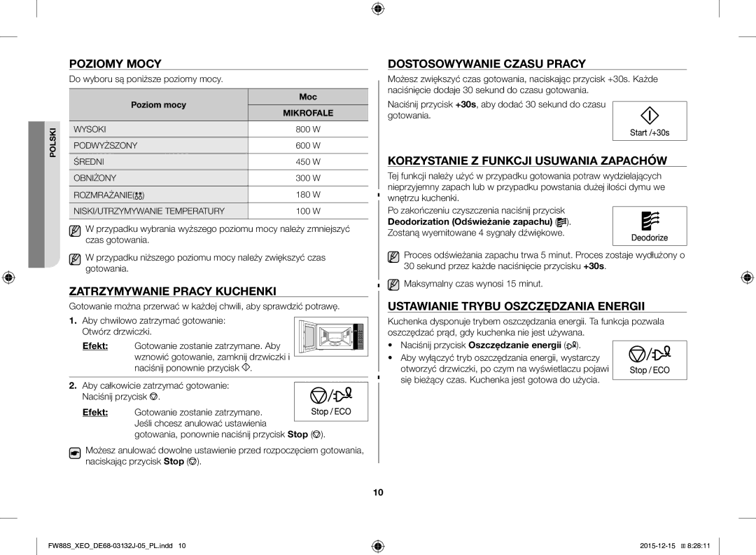 Samsung FW87SUST/XEO, FW87SUST/AND manual Poziomy Mocy, Zatrzymywanie Pracy Kuchenki, Dostosowywanie Czasu Pracy 