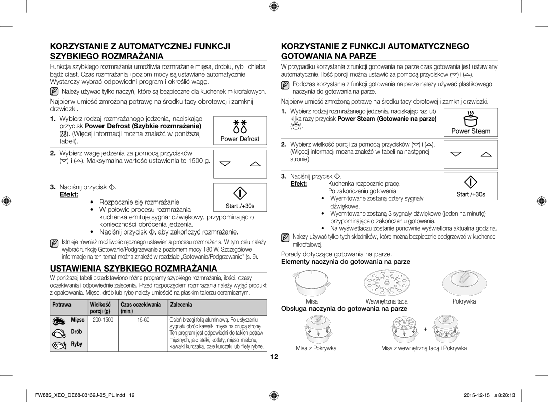 Samsung FW87SUST/XEO manual Korzystanie Z Automatycznej Funkcji Szybkiego Rozmrażania, Ustawienia Szybkiego Rozmrażania 