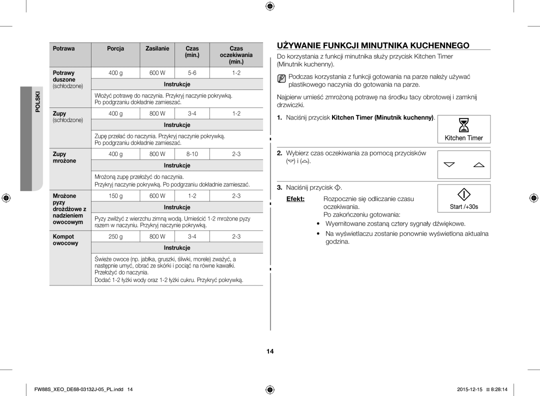 Samsung FW87SUST/XEO manual Używanie Funkcji Minutnika Kuchennego, Naciśnij przycisk Kitchen Timer Minutnik kuchenny 