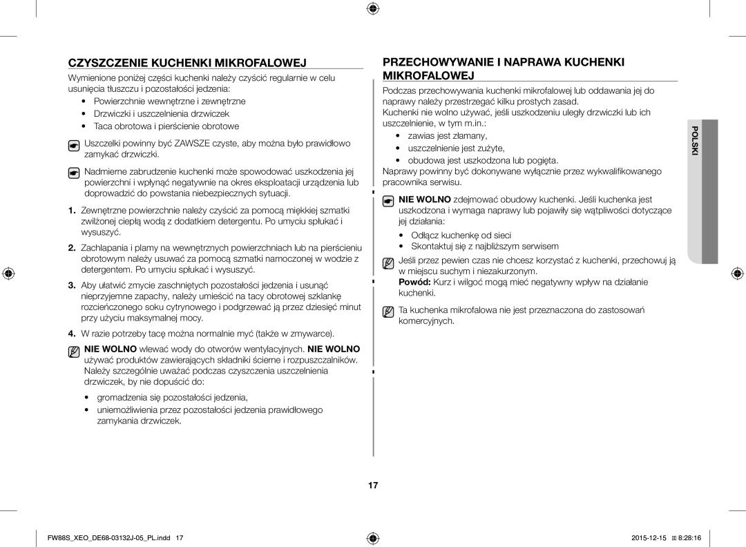 Samsung FW87SUST/AND, FW87SUST/XEO manual Czyszczenie Kuchenki Mikrofalowej, Przechowywanie I Naprawa Kuchenki Mikrofalowej 