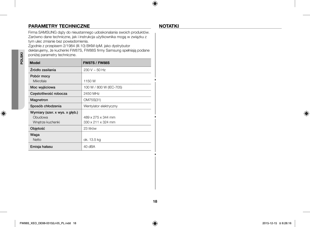 Samsung FW87SUST/XEO, FW87SUST/AND manual Parametry Techniczne Notatki, Model FW87S / FW88S 