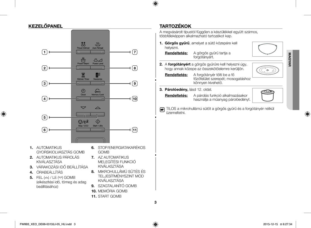 Samsung FW87SUST/AND, FW87SUST/XEO manual Kezelőpanel Tartozékok, Párolóedény, lásd 12. oldal 