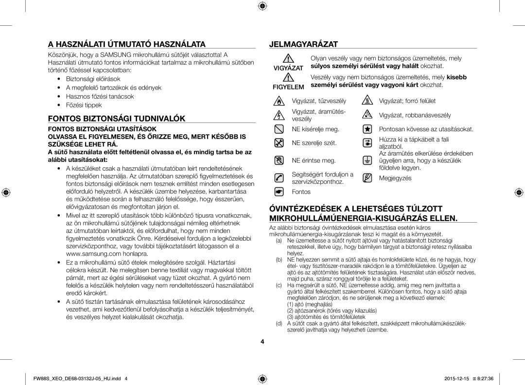 Samsung FW87SUST/XEO, FW87SUST/AND manual Használati Útmutató Használata, Jelmagyarázat, Fontos Biztonsági Tudnivalók 