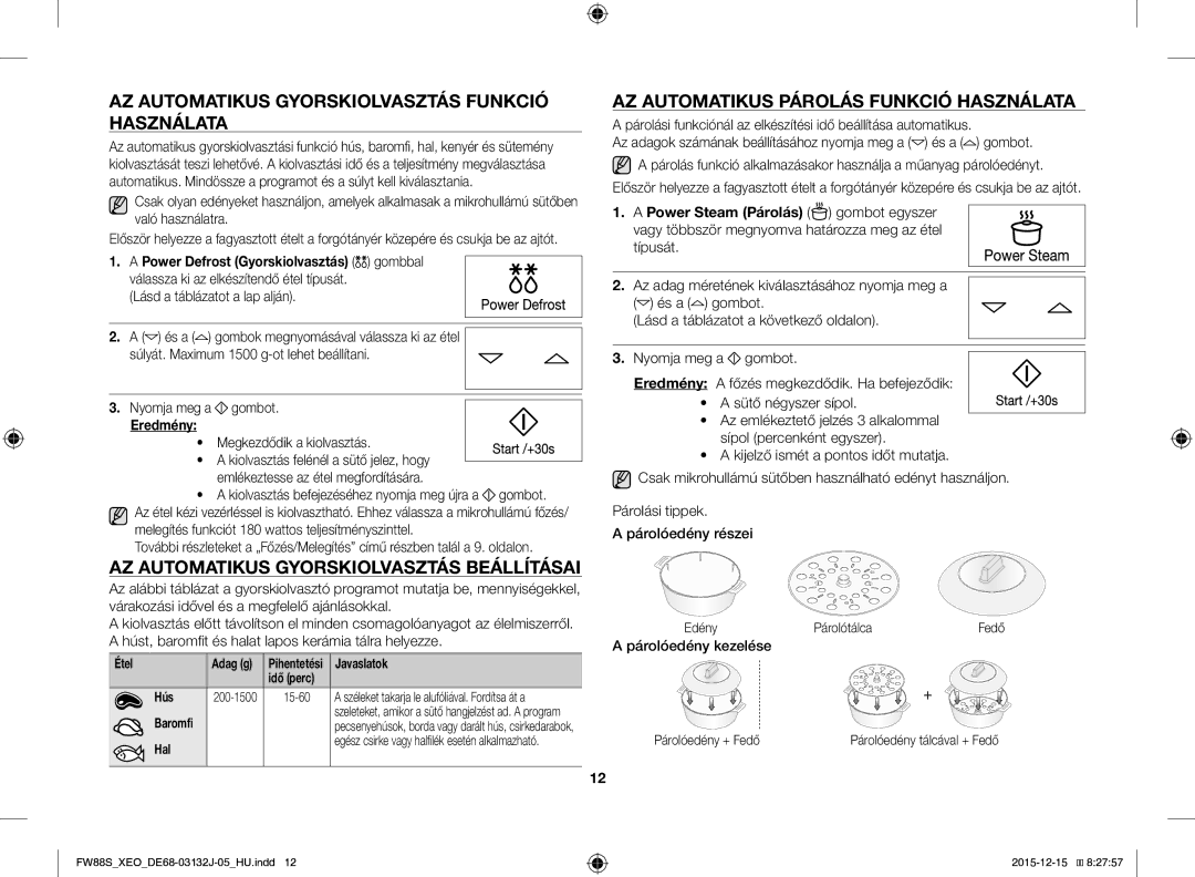 Samsung FW87SUST/XEO manual AZ Automatikus Gyorskiolvasztás Funkció Használata, AZ Automatikus Gyorskiolvasztás Beállításai 