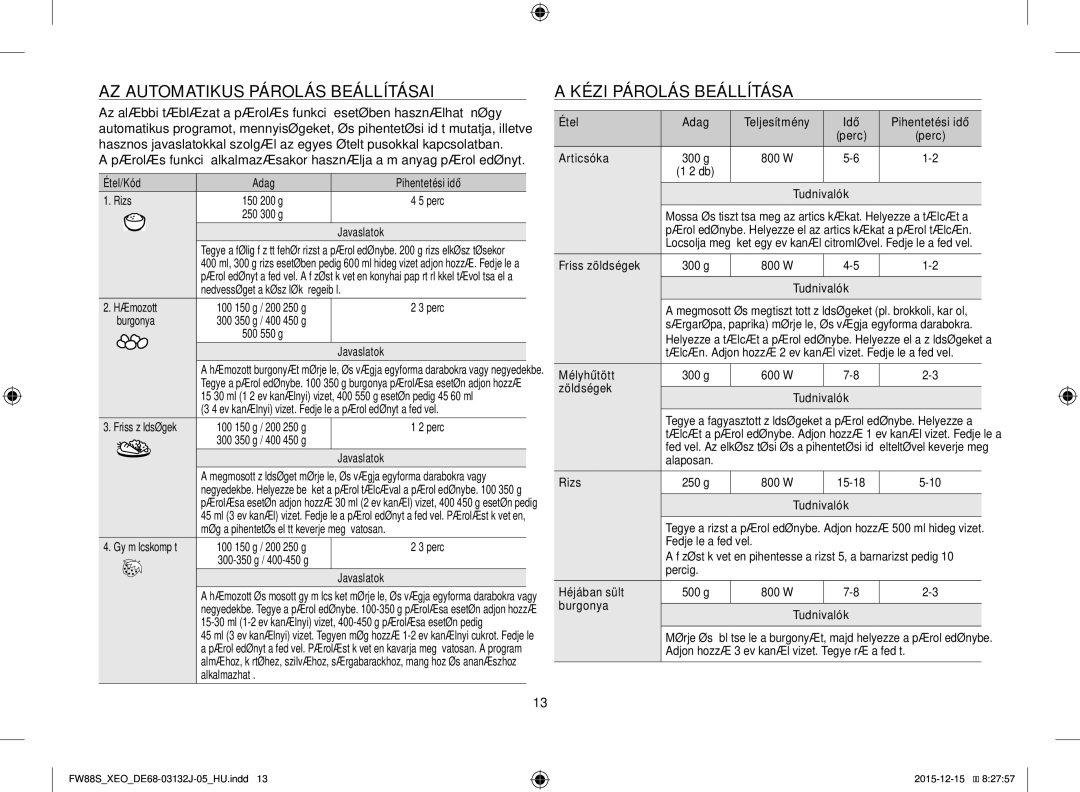 Samsung FW87SUST/AND, FW87SUST/XEO manual AZ Automatikus Párolás Beállításai Kézi Párolás Beállítása 