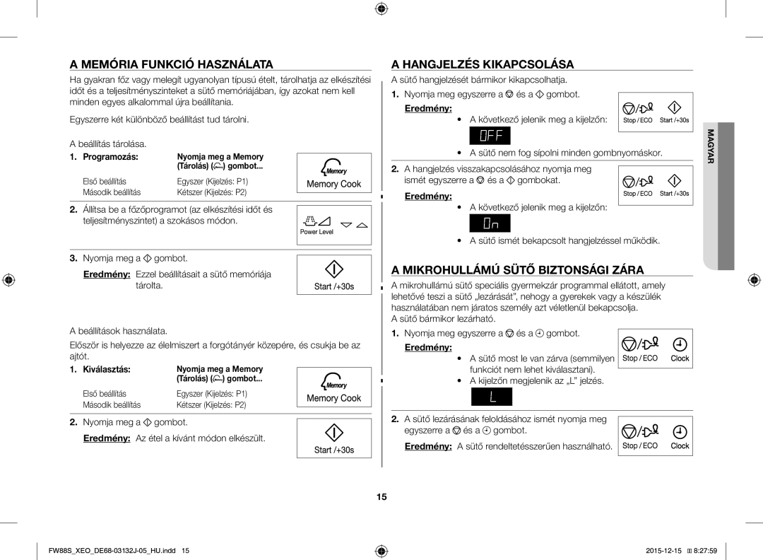 Samsung FW87SUST/AND Memória Funkció Használata, Hangjelzés Kikapcsolása, Mikrohullámú Sütő Biztonsági Zára, Programozás 