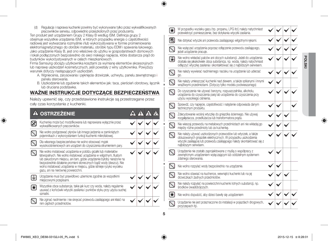 Samsung FW87SUST/AND manual Ważne Instrukcje Dotyczące Bezpieczeństwa, Nie wolno rozpylać wody bezpośrednio na urządzenie 