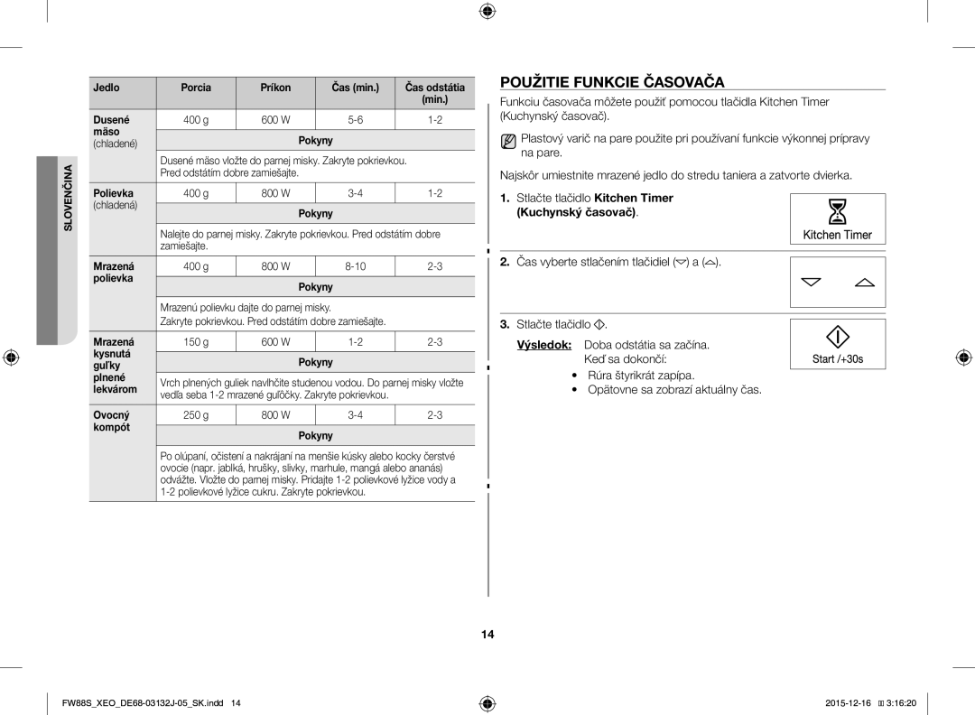 Samsung FW87SUST/XEO, FW87SUST/AND manual Použitie Funkcie Časovača, Kuchynský časovač 