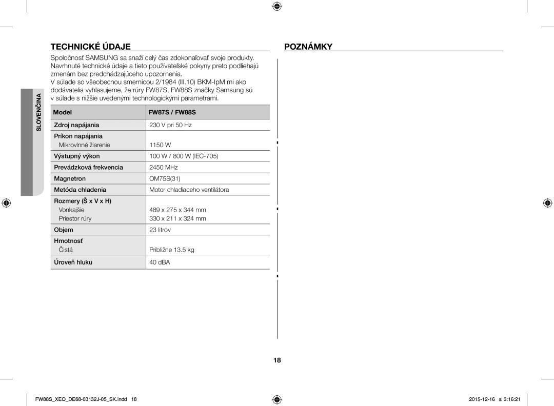 Samsung FW87SUST/XEO, FW87SUST/AND manual Technické Údaje Poznámky, Model FW87S / FW88S 