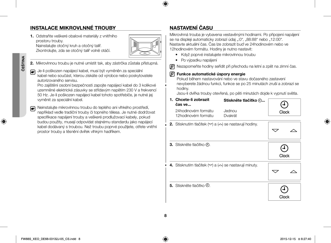 Samsung FW87SUST/XEO, FW87SUST/AND manual Instalace Mikrovlnné Trouby, Nastavení Času, Funkce automatické úspory energie 