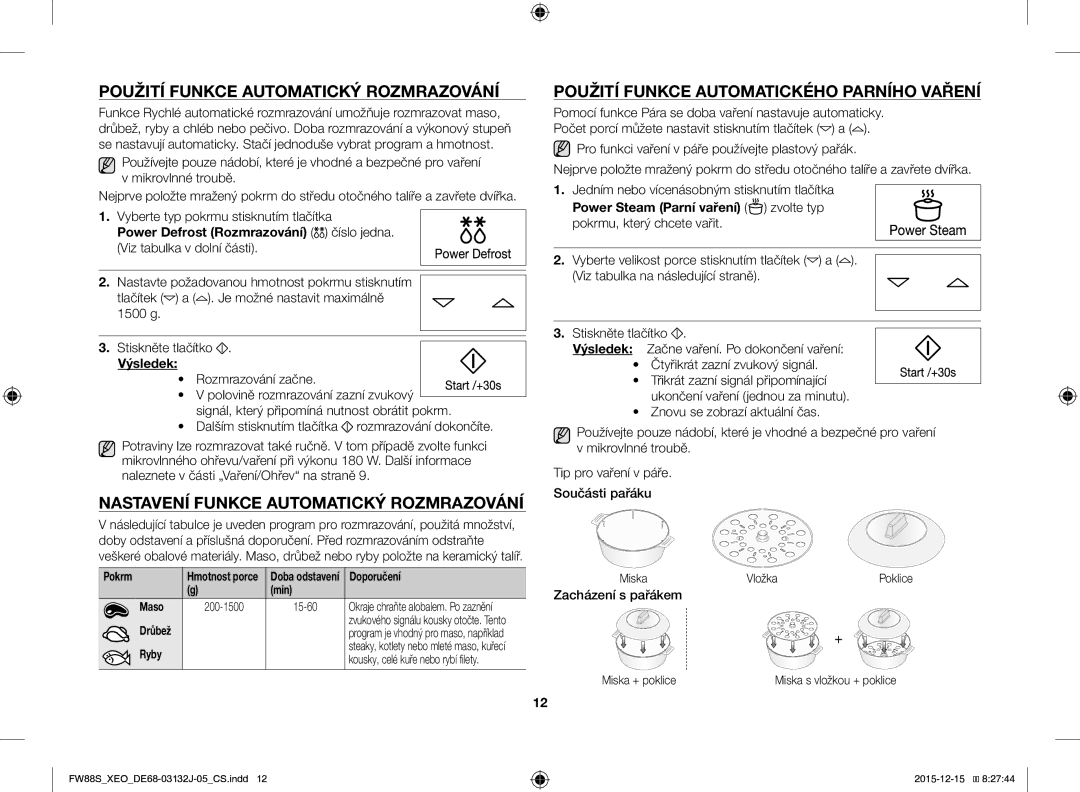 Samsung FW87SUST/XEO manual Použití Funkce Automatický Rozmrazování, Nastavení Funkce Automatický Rozmrazování, Výsledek 