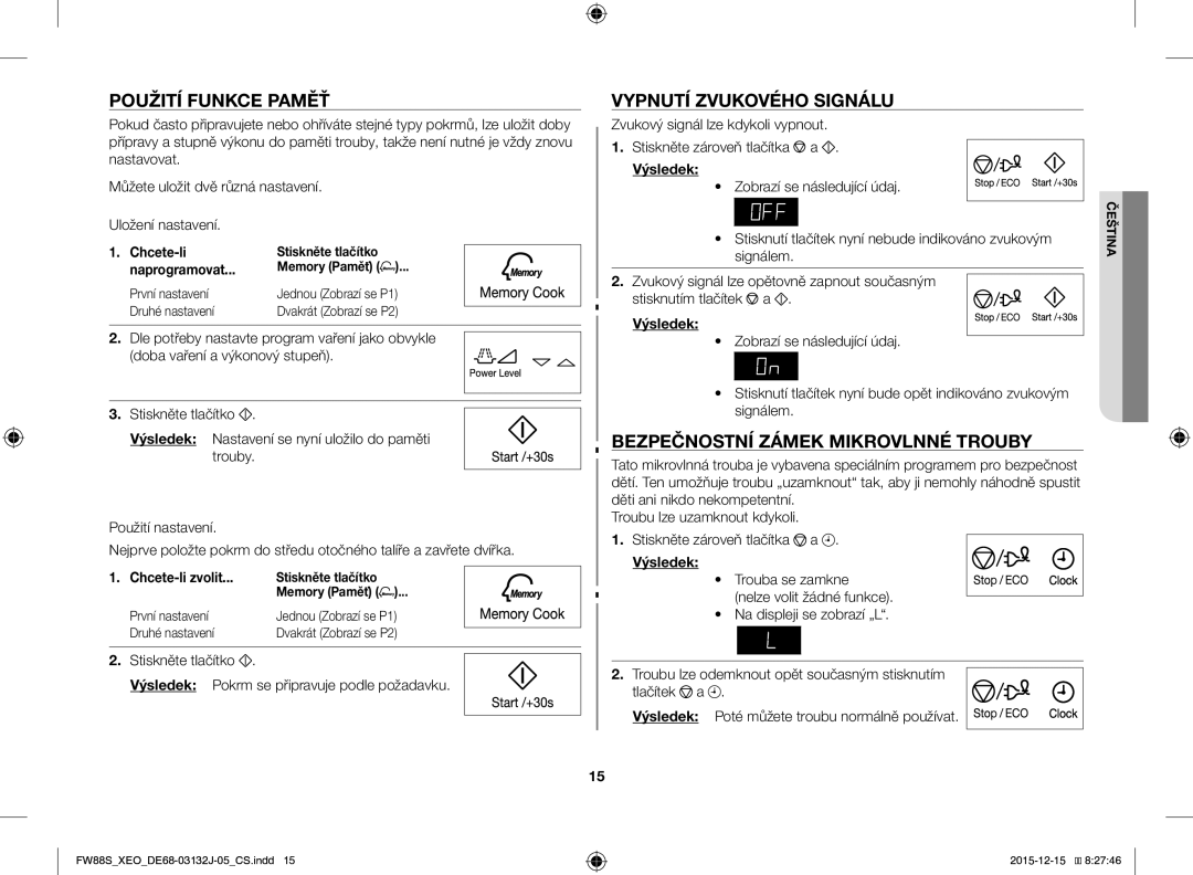Samsung FW87SUST/AND, FW87SUST/XEO Použití Funkce Paměť, Vypnutí Zvukového Signálu, Bezpečnostní Zámek Mikrovlnné Trouby 