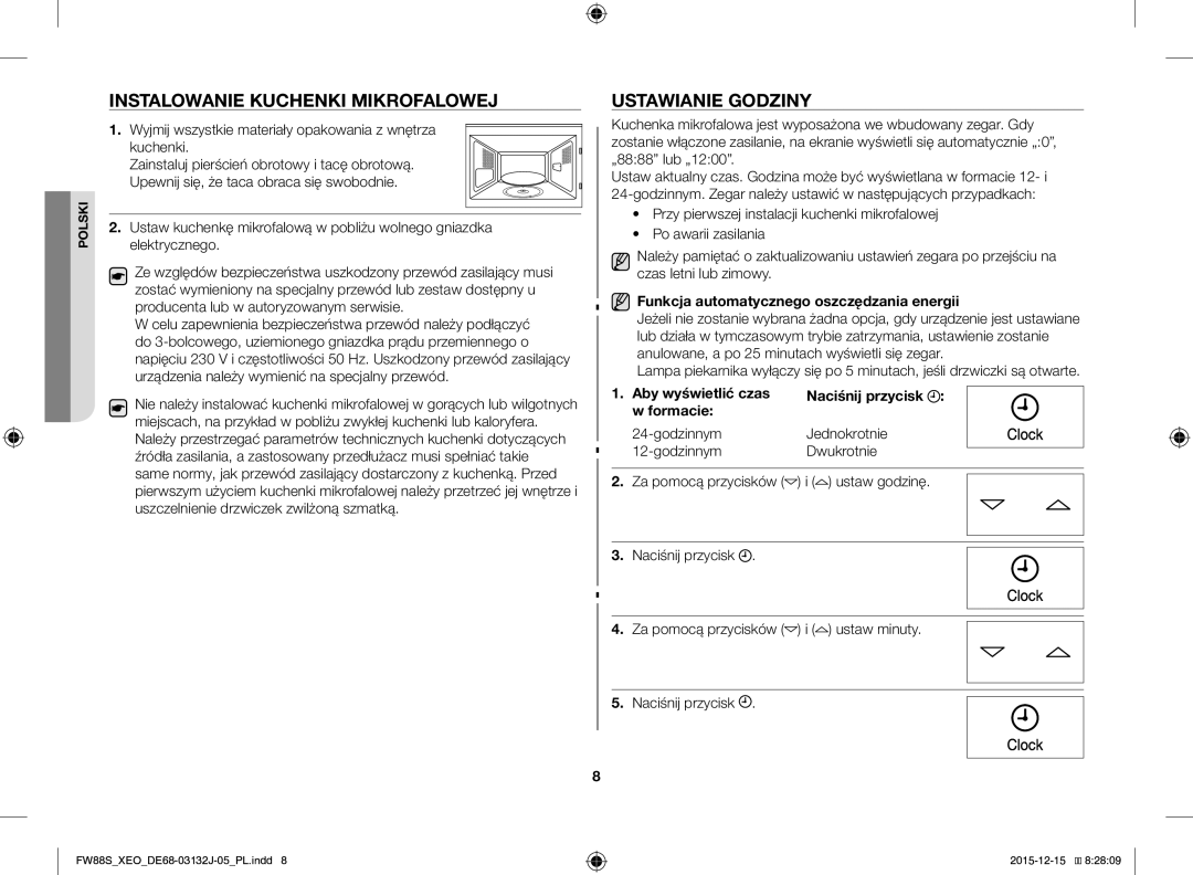 Samsung FW87SUST/XEO Instalowanie Kuchenki Mikrofalowej, Ustawianie Godziny, Funkcja automatycznego oszczędzania energii 