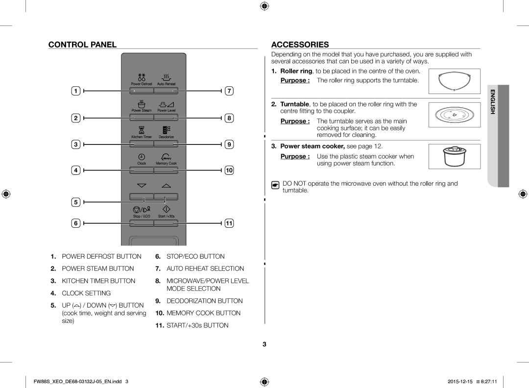 Samsung FW87SUST/AND, FW87SUST/XEO manual Control Panel Accessories, Power steam cooker, see, START/+30s Button 