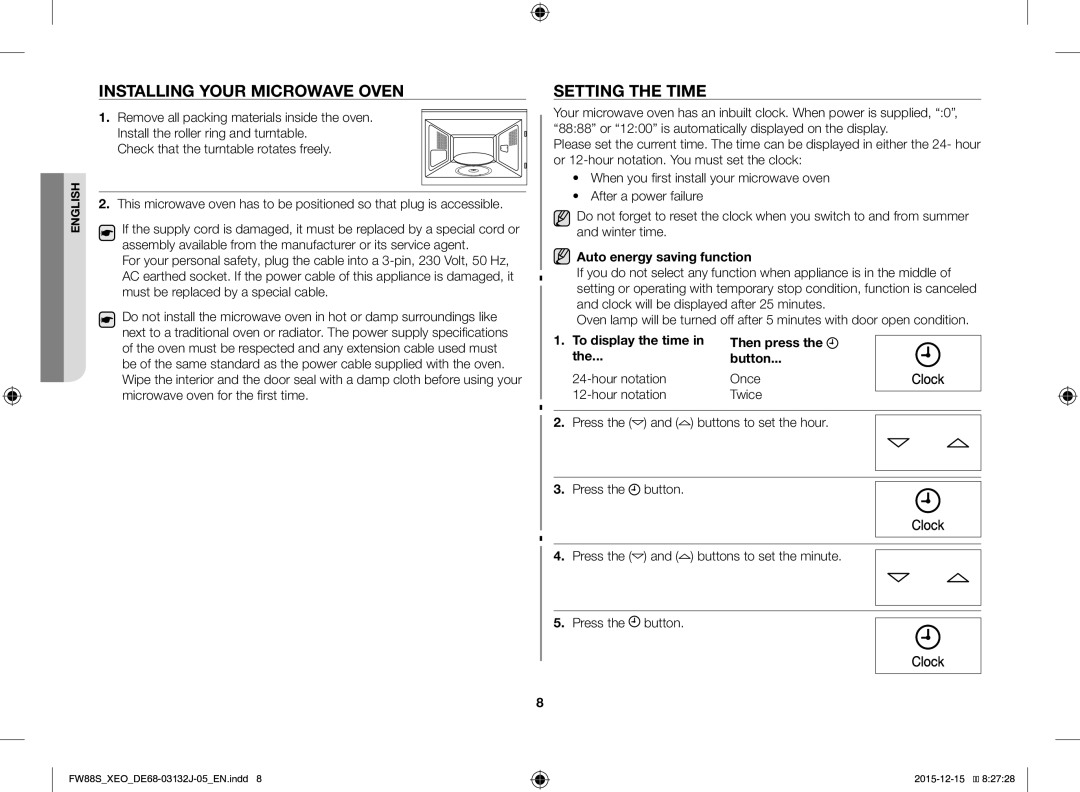Samsung FW87SUST/XEO Installing Your Microwave Oven, Setting the Time, Auto energy saving function, To display the time 