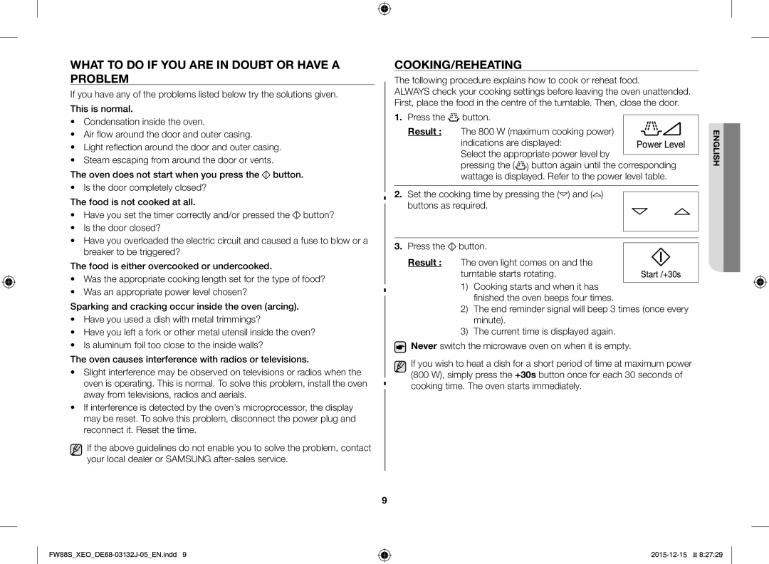 Samsung FW87SUST/AND What to do if YOU are in Doubt or have a Problem, Cooking/Reheating, Result, W maximum cooking power 