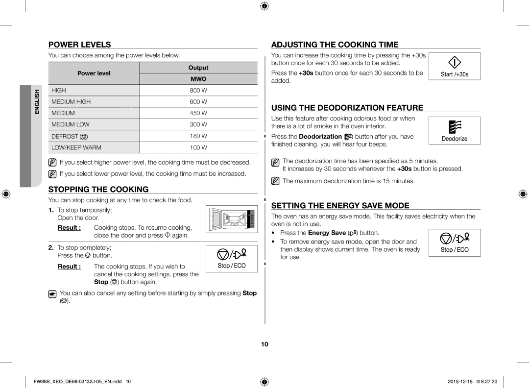 Samsung FW87SUST/XEO manual Power Levels, Stopping the Cooking, Adjusting the Cooking Time, Using the Deodorization Feature 