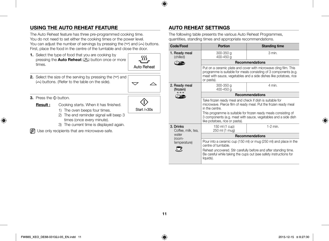 Samsung FW87SUST/AND, FW87SUST/XEO manual Using the Auto Reheat Feature, Auto Reheat Settings, Code/Food, Recommendations 