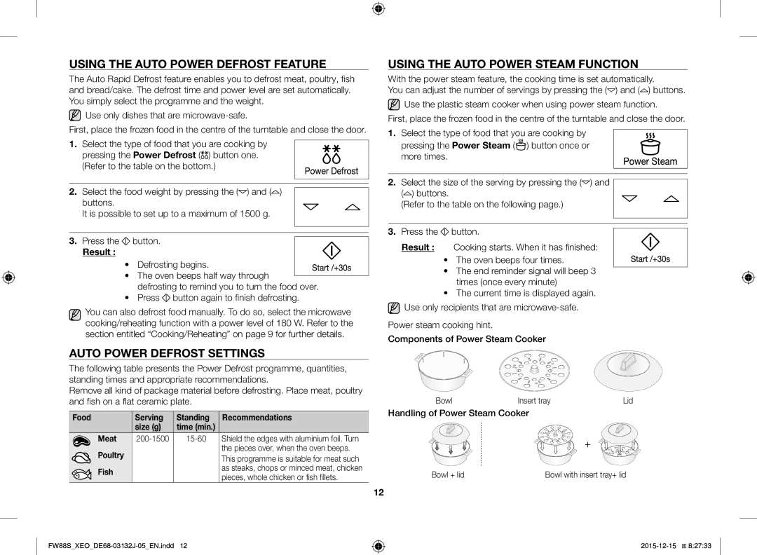 Samsung FW87SUST/XEO Using the Auto Power Defrost Feature, Auto Power Defrost Settings, Handling of Power Steam Cooker 