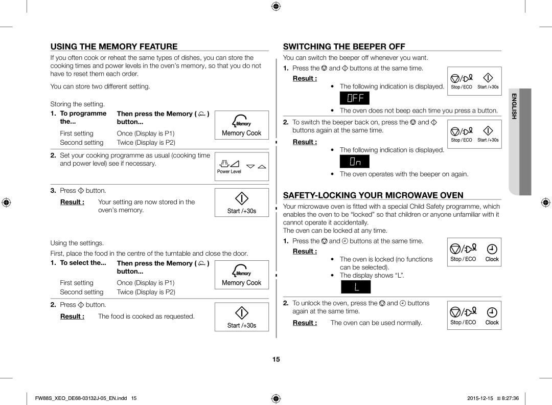 Samsung FW87SUST/AND Using the Memory Feature, Switching the Beeper OFF, SAFETY-LOCKING Your Microwave Oven, To programme 