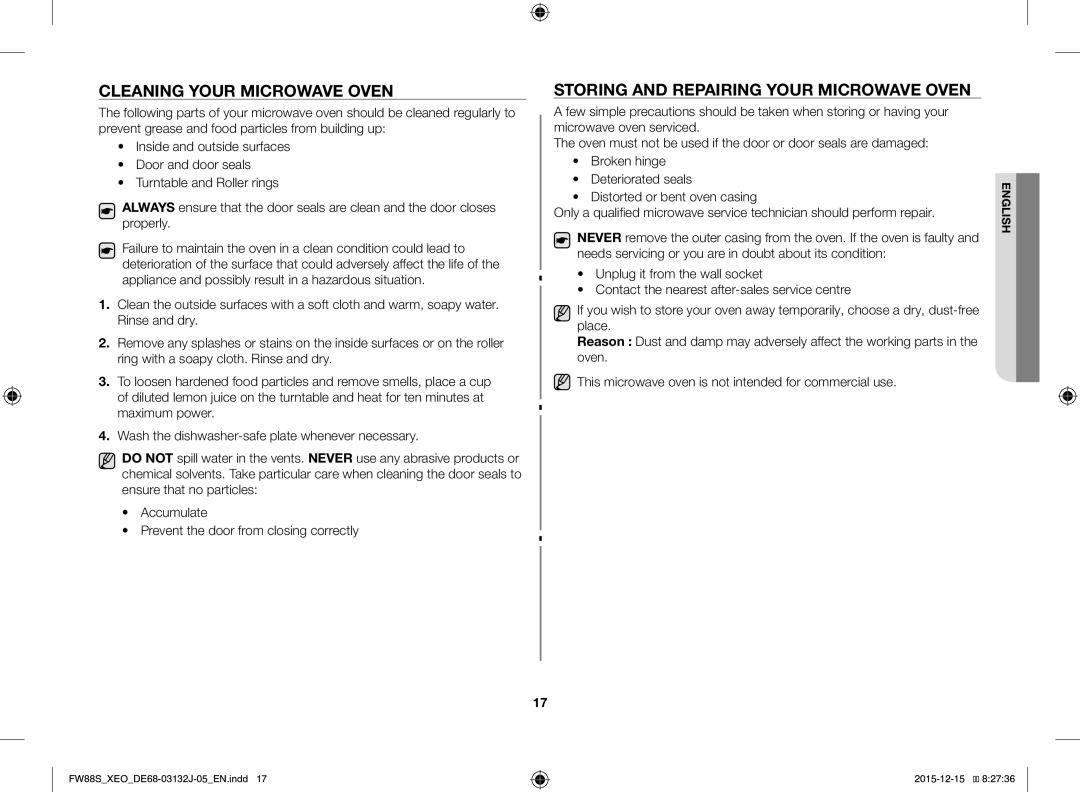 Samsung FW87SUST/AND, FW87SUST/XEO manual Cleaning Your Microwave Oven, Storing and Repairing Your Microwave Oven 