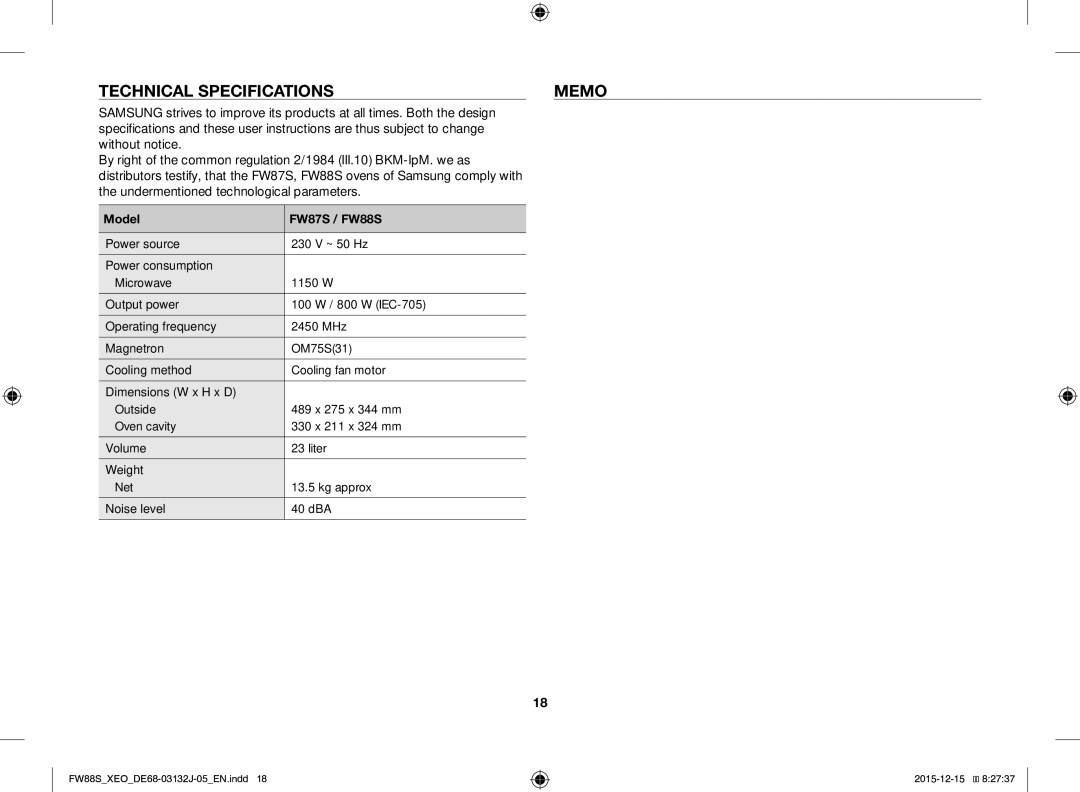 Samsung FW87SUST/XEO, FW87SUST/AND manual Technical Specifications Memo, Model FW87S / FW88S 