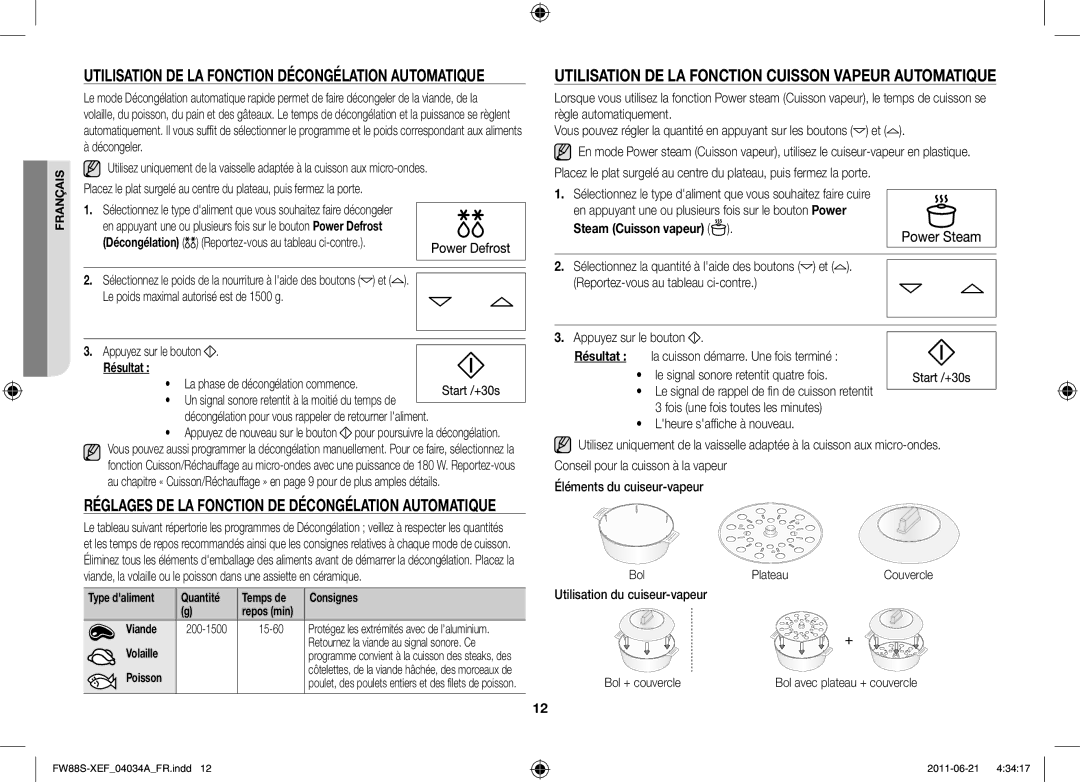 Samsung FW87SW/XEF manual Utilisation de la fonction Décongélation automatique 