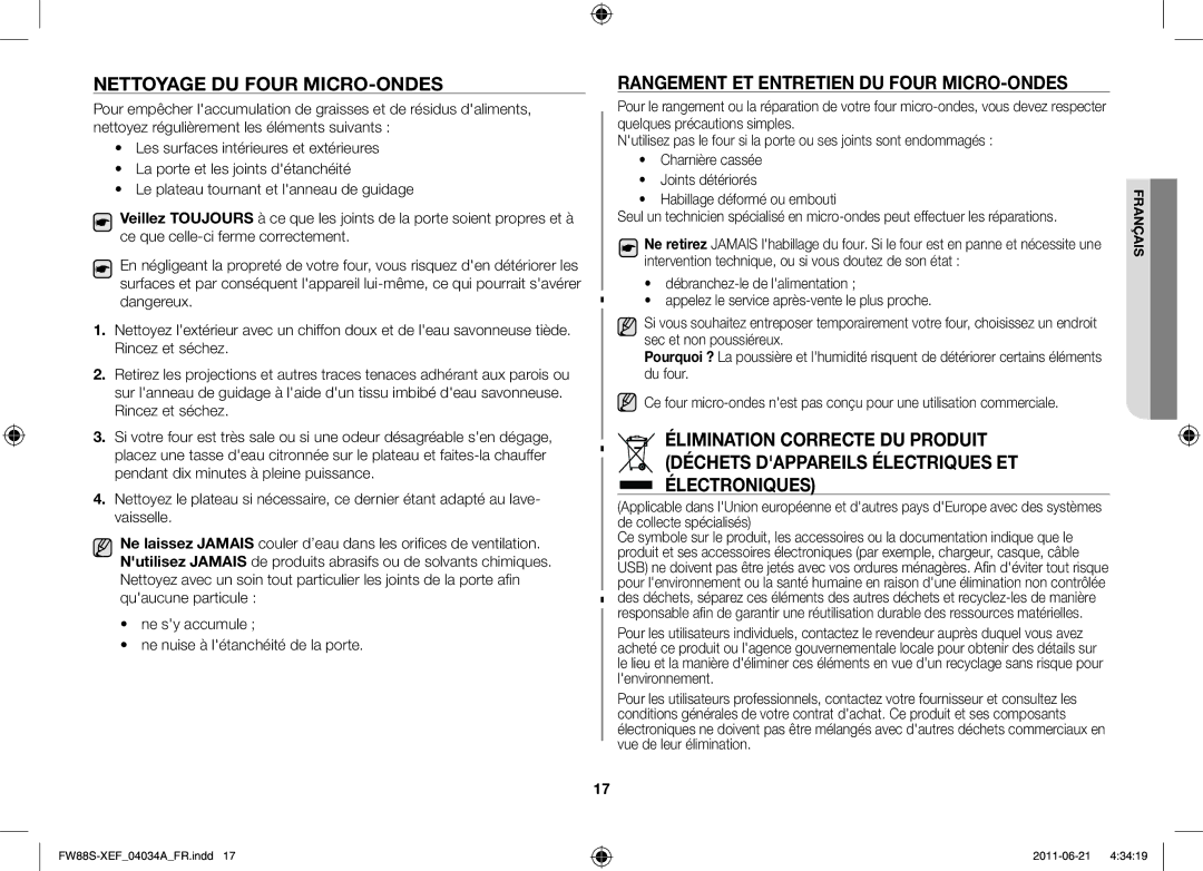 Samsung FW87SW/XEF manual Nettoyage du four micro-ondes, Rangement et entretien du four micro-ondes 