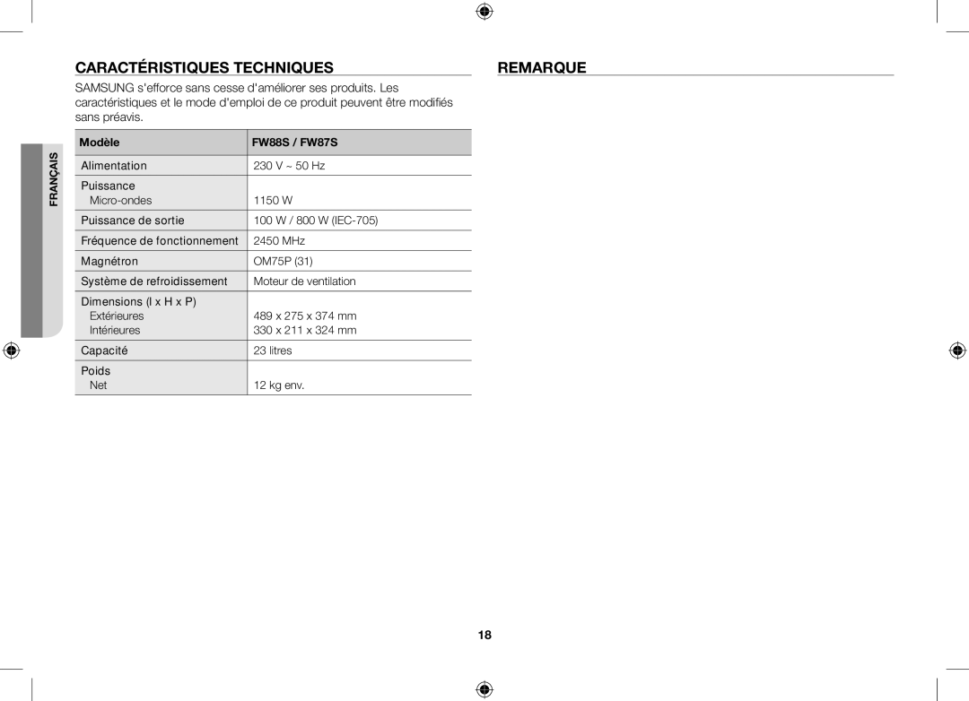 Samsung FW87SW/XEF manual Caractéristiques techniques Remarque, Modèle FW88S / FW87S 