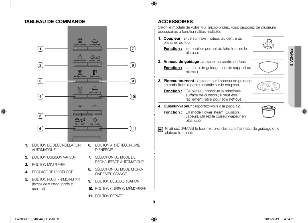 Samsung FW87SW/XEF manual Tableau de commande Accessoires, Fonction 