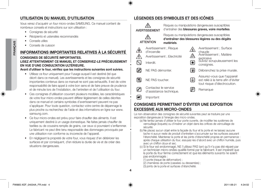 Samsung FW87SW/XEF manual Informations importantes relatives à la sécurité, Avertissement 