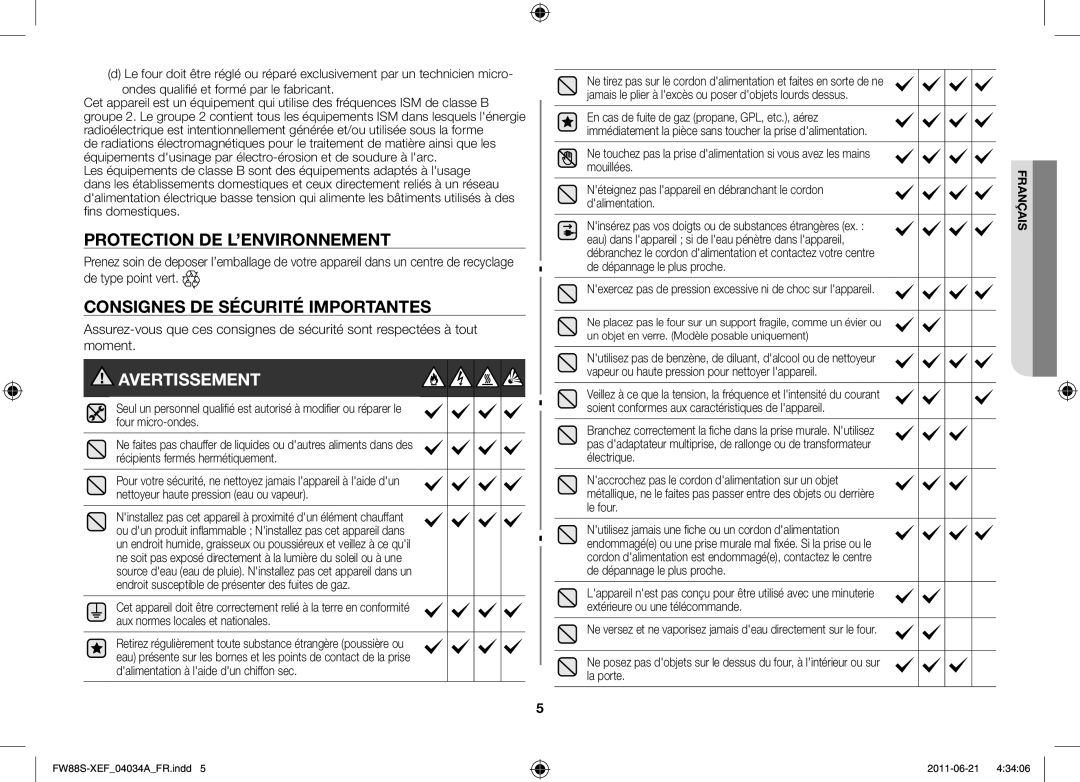 Samsung FW87SW/XEF manual Protection DE L’ENVIRONNEMENT, Consignes de sécurité importantes 