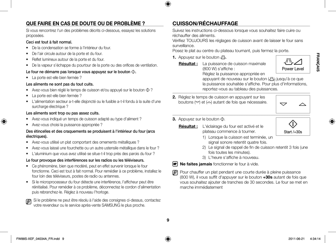 Samsung FW87SW/XEF manual Que faire en cas de doute ou de problème ?, Cuisson/Réchauffage 