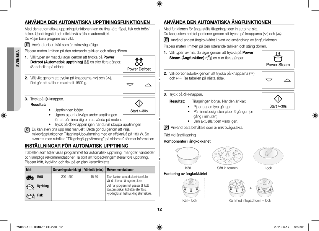 Samsung FW88SUST/XEE manual Använda den automatiska upptiningsfunktionen, Inställningar för automatisk upptining, Resultat 