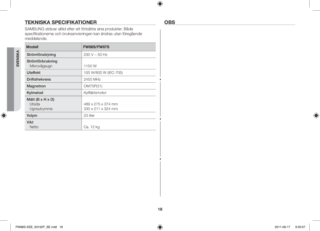 Samsung FW88SUST/XEE manual Tekniska specifikationer Obs, Ändras utan föregående Meddelande, Modell 