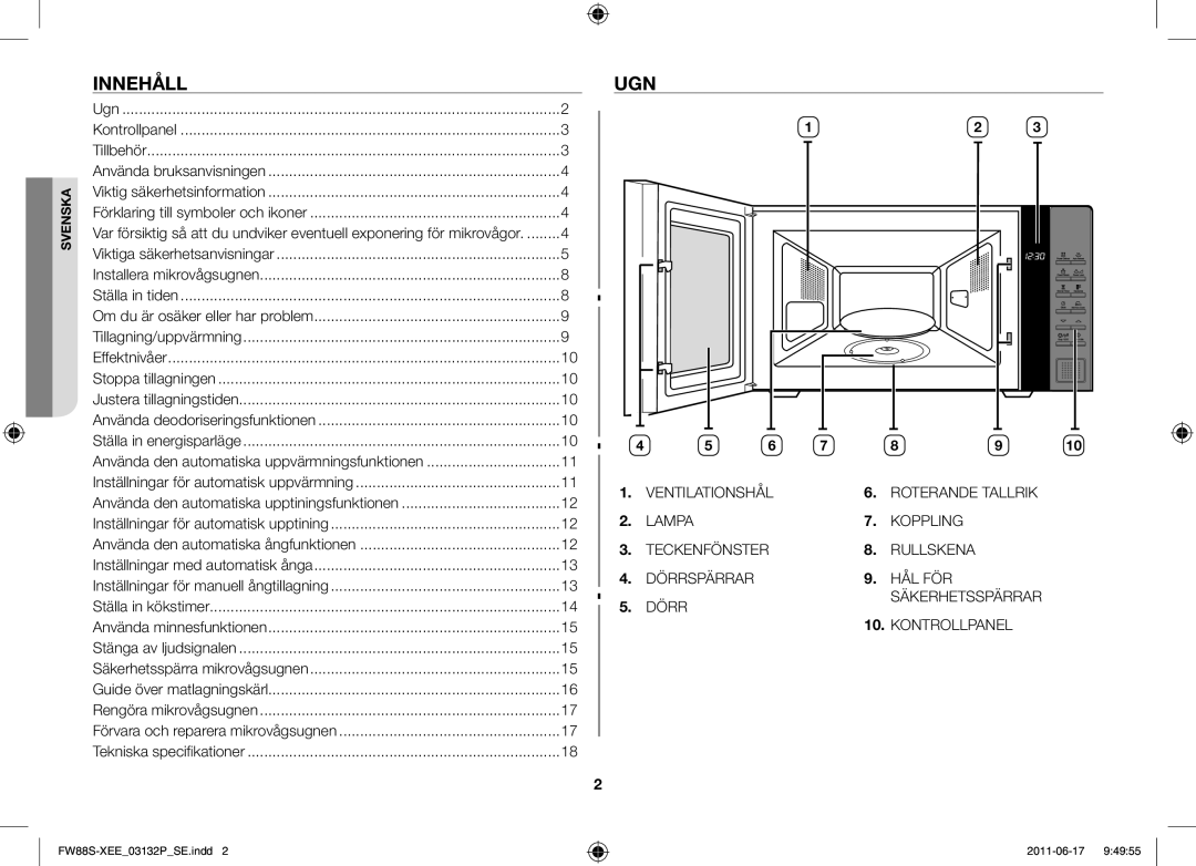 Samsung FW88SUST/XEE manual Innehåll, Ugn, Säkerhetsspärra mikrovågsugnen 