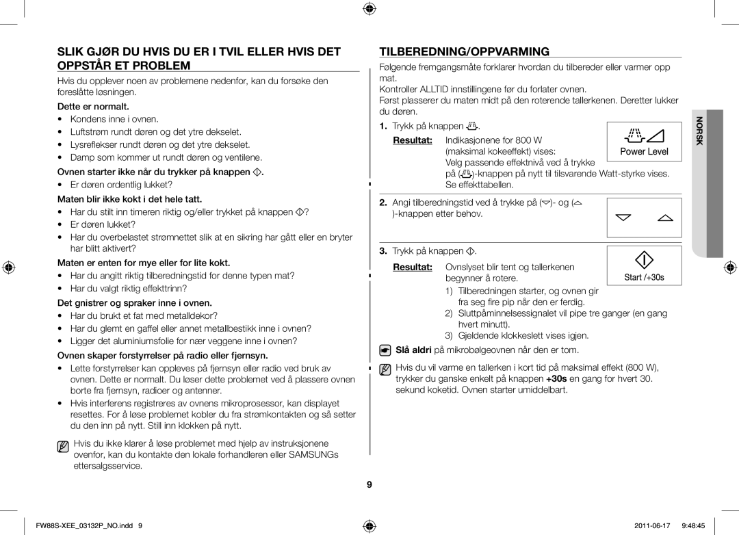 Samsung FW88SUST/XEE manual Tilberedning/oppvarming 