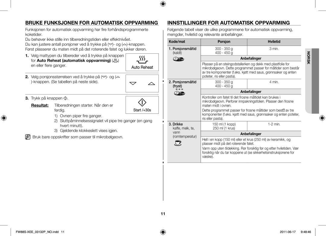 Samsung FW88SUST/XEE manual Bruke funksjonen for automatisk oppvarming, Innstillinger for automatisk oppvarming, Kode/mat 