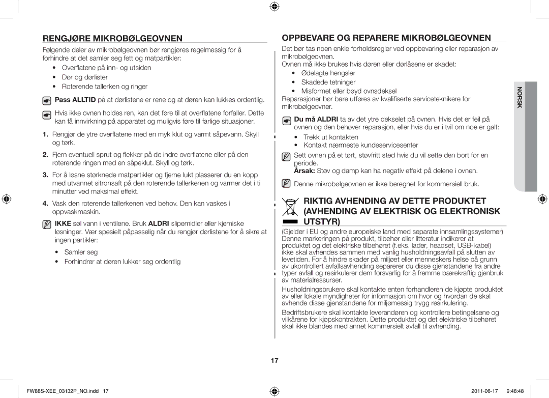 Samsung FW88SUST/XEE manual Rengjøre mikrobølgeovnen, Oppbevare og reparere mikrobølgeovnen 