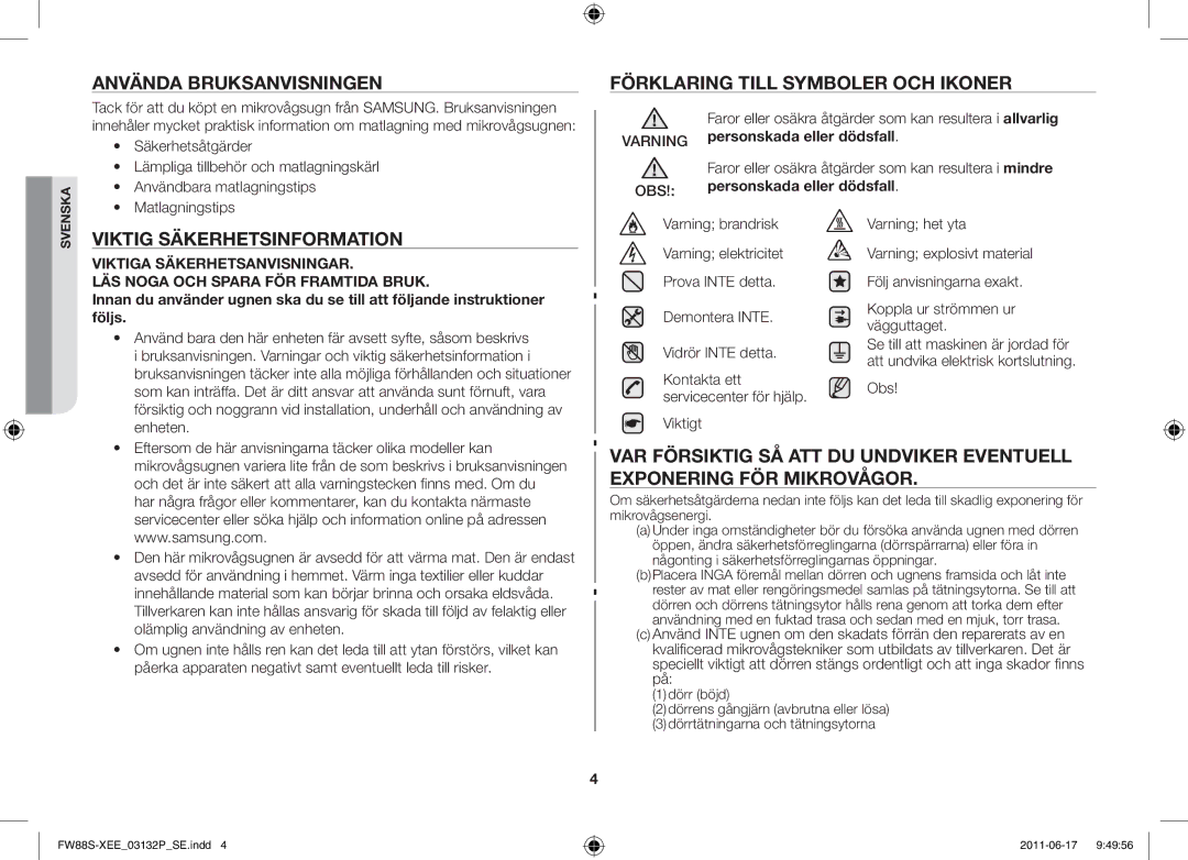 Samsung FW88SUST/XEE manual Använda bruksanvisningen, Förklaring till symboler och ikoner, Viktig säkerhetsinformation 