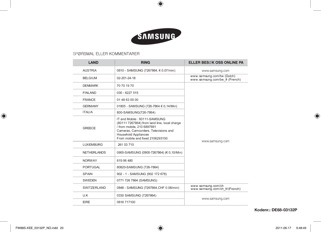 Samsung FW88SUST/XEE manual Kodenr. DE68-03132P 