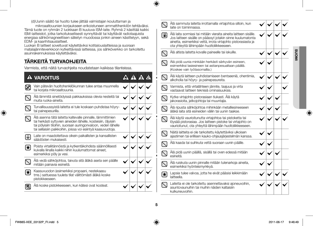 Samsung FW88SUST/XEE manual Varoitus, Älä altista laitetta kovalle paineelle tai iskuille 