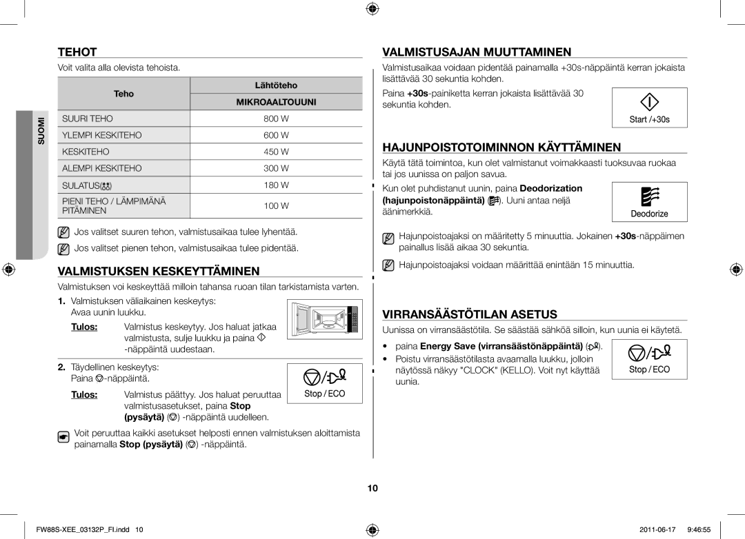 Samsung FW88SUST/XEE manual Tehot, Valmistuksen keskeyttäminen, Valmistusajan muuttaminen, Hajunpoistotoiminnon käyttäminen 