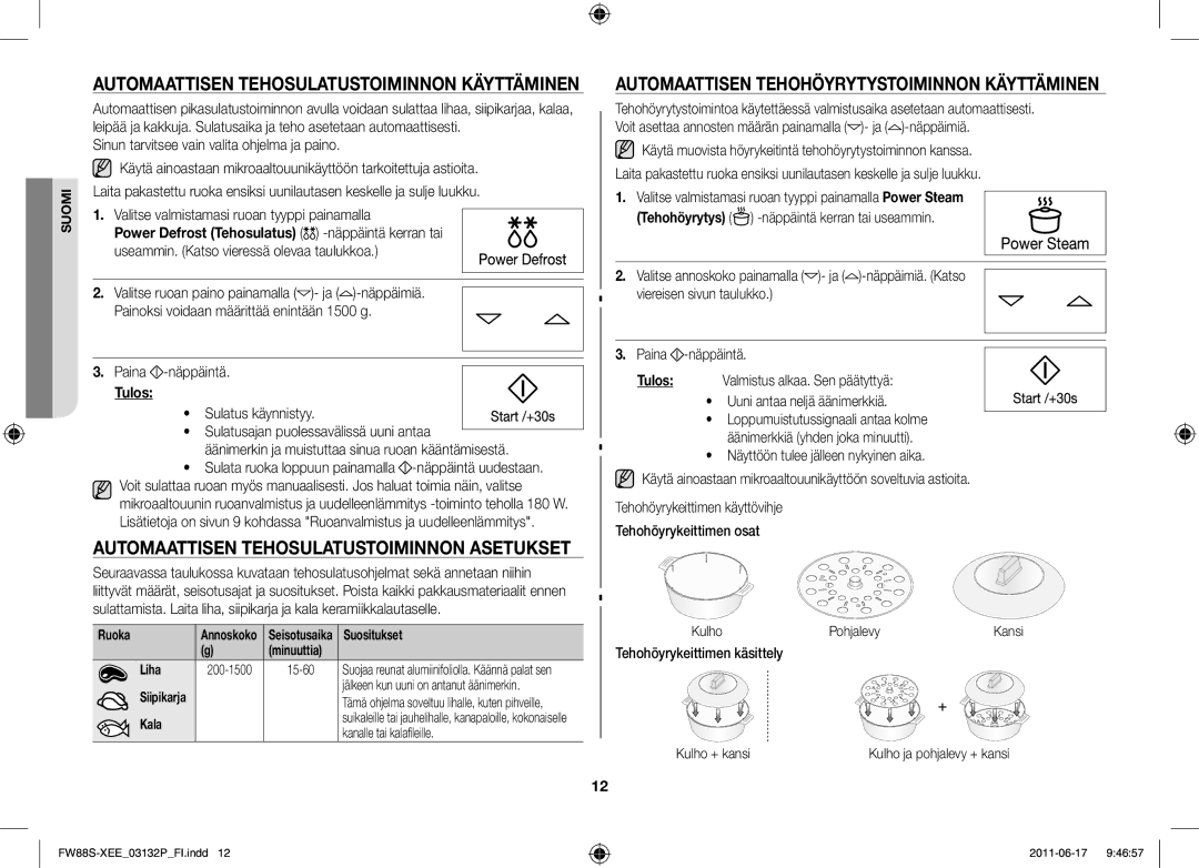 Samsung FW88SUST/XEE manual Automaattisen tehosulatustoiminnon käyttäminen, Automaattisen tehosulatustoiminnon asetukset 