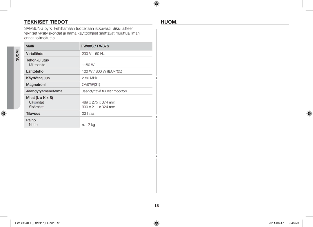 Samsung FW88SUST/XEE manual Tekniset tiedothuom, Malli FW88S / FW87S 